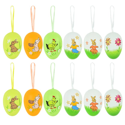 Easter Eggs Hanging Ornament | 12pcs Colourful Bunny Painted Egg Pendant 2025 Happy Easter Party Decoration Supplies Kids Gifts Toy