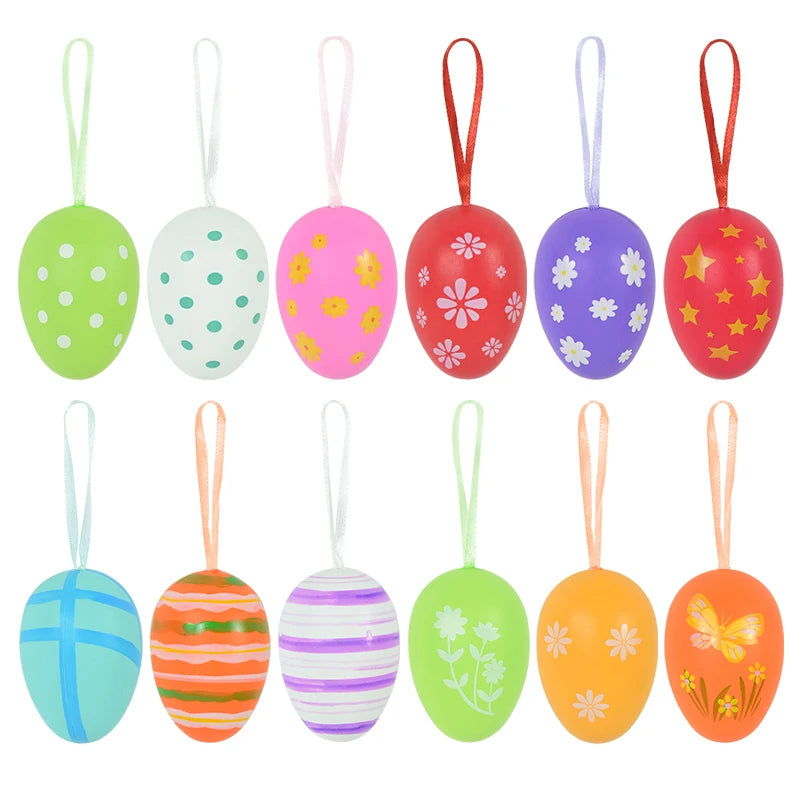 Easter Eggs Hanging Ornament | 12pcs Colourful Bunny Painted Egg Pendant 2025 Happy Easter Party Decoration Supplies Kids Gifts Toy