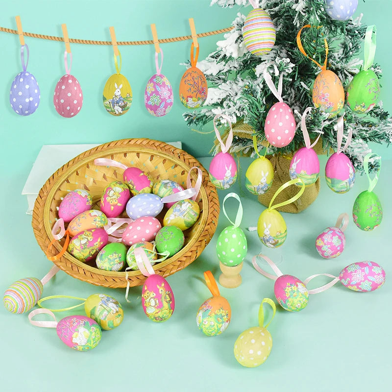 Easter Eggs Hanging Ornament | 12pcs Colourful Bunny Painted Egg Pendant 2025 Happy Easter Party Decoration Supplies Kids Gifts Toy