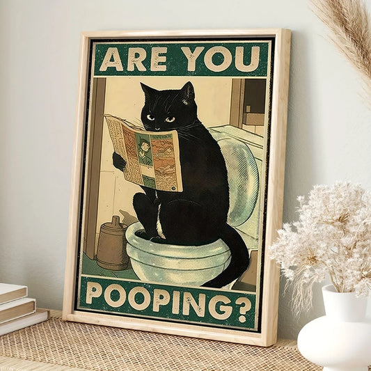 Funny animal poster | Art quote you are pooping black cat kitten reading newspaper in toilet retro art living room decoration