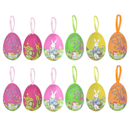 Easter Eggs Hanging Ornament | 12pcs Colourful Bunny Painted Egg Pendant 2025 Happy Easter Party Decoration Supplies Kids Gifts Toy