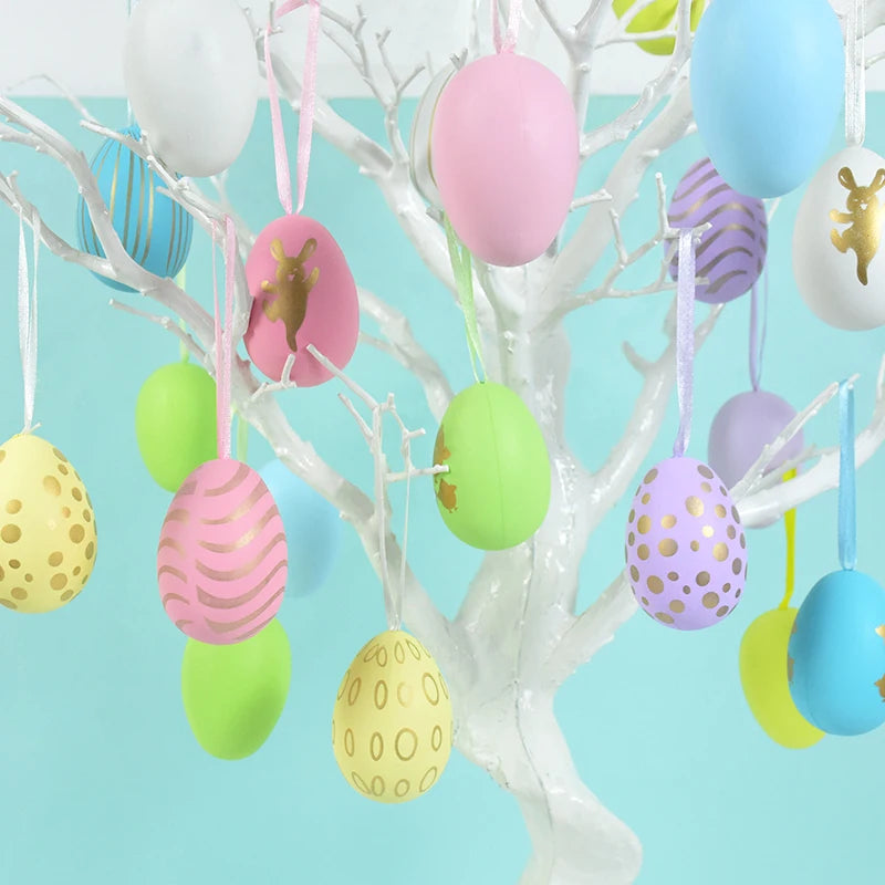 Easter Eggs Hanging Ornament | 12pcs Colourful Bunny Painted Egg Pendant 2025 Happy Easter Party Decoration Supplies Kids Gifts Toy