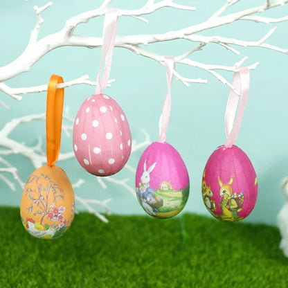 Easter Eggs Hanging Ornament | 12pcs Colourful Bunny Painted Egg Pendant 2025 Happy Easter Party Decoration Supplies Kids Gifts Toy