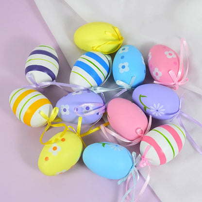 Easter Eggs Hanging Ornament | 12pcs Colourful Bunny Painted Egg Pendant 2025 Happy Easter Party Decoration Supplies Kids Gifts Toy