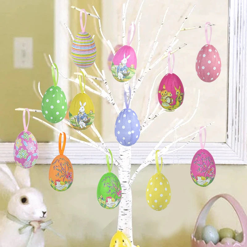 Easter Eggs Hanging Ornament | 12pcs Colourful Bunny Painted Egg Pendant 2025 Happy Easter Party Decoration Supplies Kids Gifts Toy