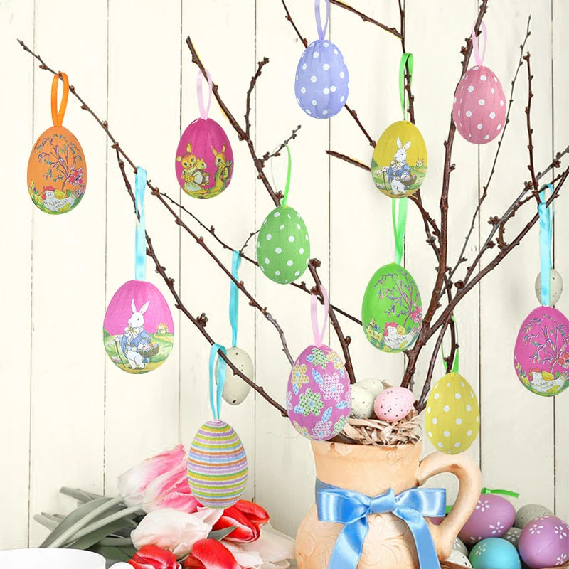 Easter Eggs Hanging Ornament | 12pcs Colourful Bunny Painted Egg Pendant 2025 Happy Easter Party Decoration Supplies Kids Gifts Toy