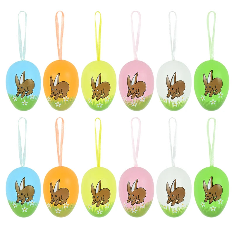 Easter Eggs Hanging Ornament | 12pcs Colourful Bunny Painted Egg Pendant 2025 Happy Easter Party Decoration Supplies Kids Gifts Toy