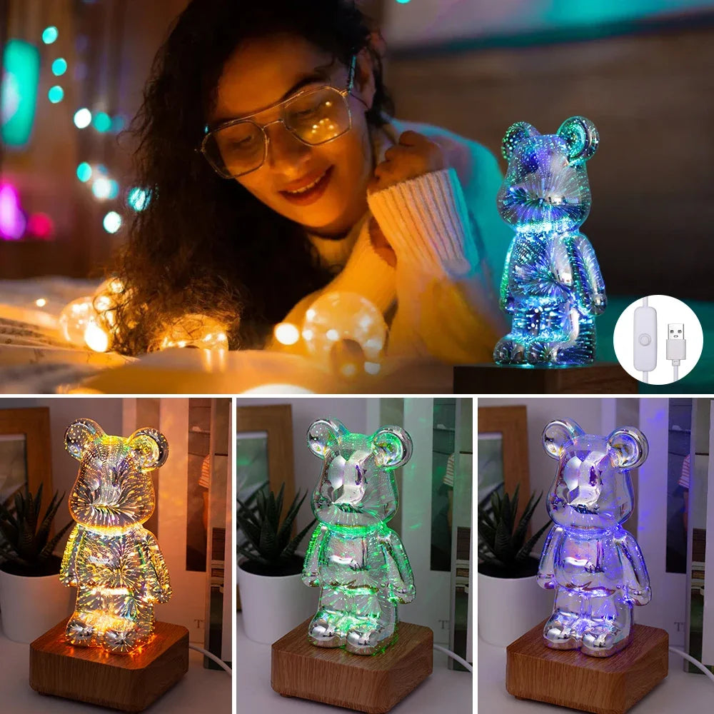 LED 3D Bear Fireworks Night Light | USB Room Decoration Ambient Light Suitable for Children Room Bedroom Decoration