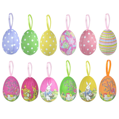 Easter Eggs Hanging Ornament | 12pcs Colourful Bunny Painted Egg Pendant 2025 Happy Easter Party Decoration Supplies Kids Gifts Toy