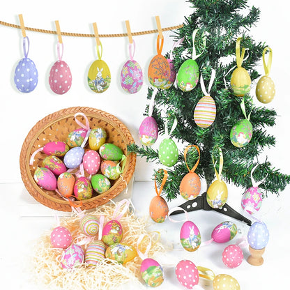 Easter Eggs Hanging Ornament | 12pcs Colourful Bunny Painted Egg Pendant 2025 Happy Easter Party Decoration Supplies Kids Gifts Toy