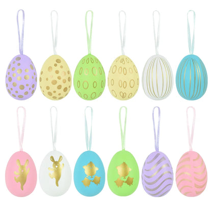 Easter Eggs Hanging Ornament | 12pcs Colourful Bunny Painted Egg Pendant 2025 Happy Easter Party Decoration Supplies Kids Gifts Toy