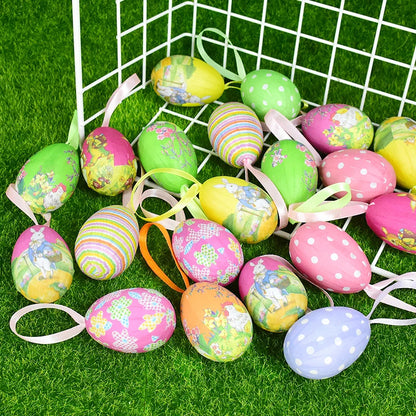 Easter Eggs Hanging Ornament | 12pcs Colourful Bunny Painted Egg Pendant 2025 Happy Easter Party Decoration Supplies Kids Gifts Toy