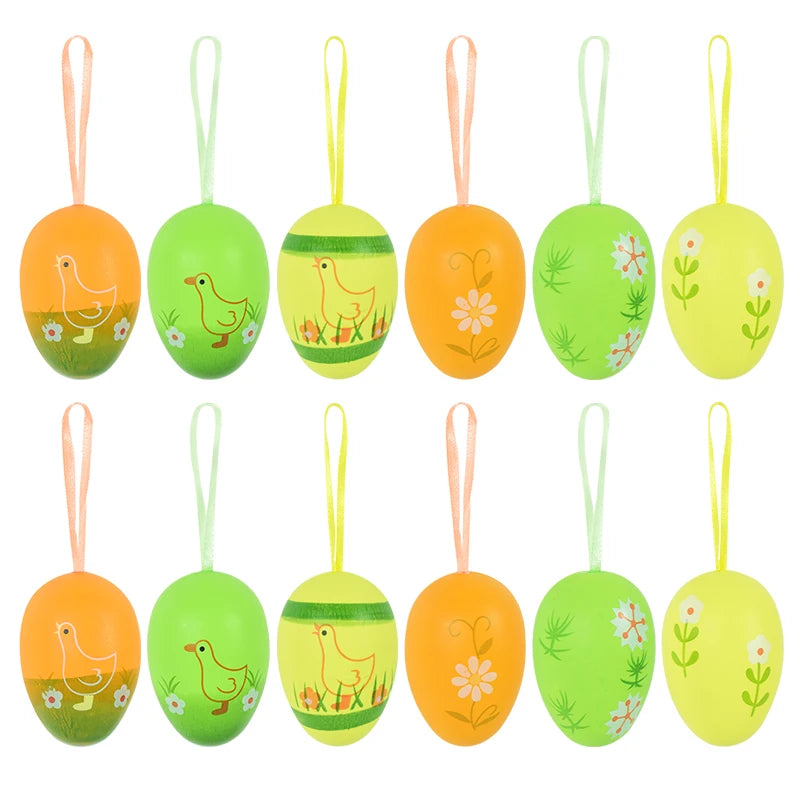 Easter Eggs Hanging Ornament | 12pcs Colourful Bunny Painted Egg Pendant 2025 Happy Easter Party Decoration Supplies Kids Gifts Toy