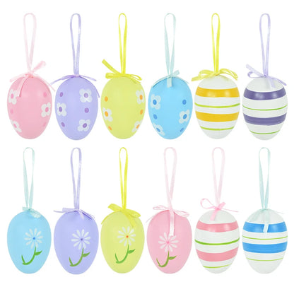 Easter Eggs Hanging Ornament | 12pcs Colourful Bunny Painted Egg Pendant 2025 Happy Easter Party Decoration Supplies Kids Gifts Toy