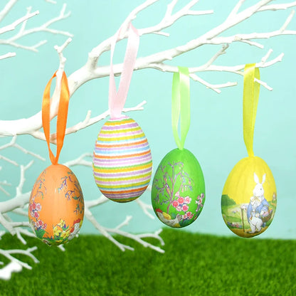 Easter Eggs Hanging Ornament | 12pcs Colourful Bunny Painted Egg Pendant 2025 Happy Easter Party Decoration Supplies Kids Gifts Toy